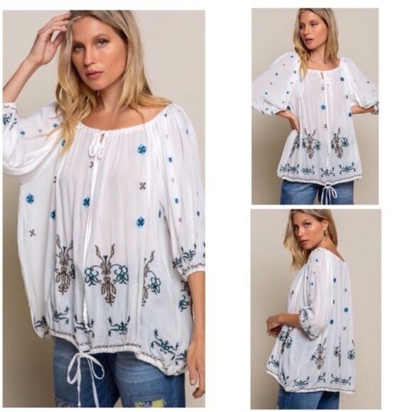 OFF White Boho Embroidered w/ Floral Detail Top - Picture 1 of 16